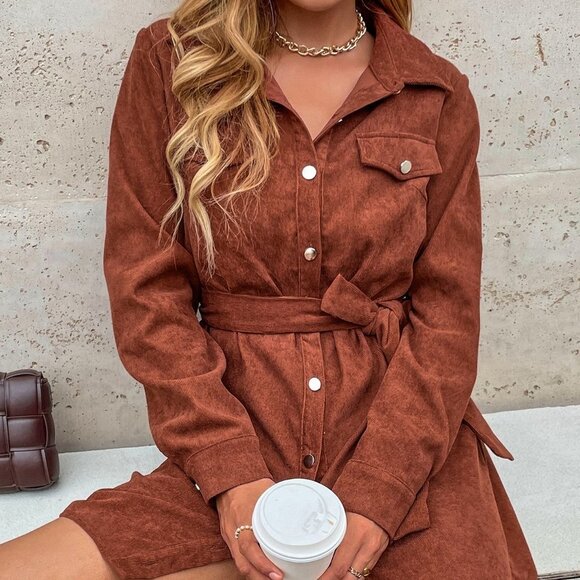 Rust Brown Casual Womens Corduroy Solid Belted Shirt Dress - Picture 5 of 6